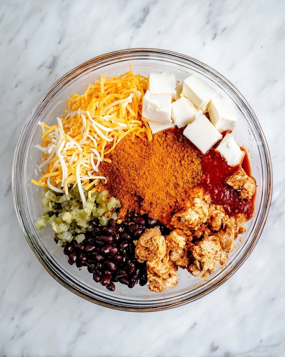 A clear glass bowl sits on a white marbled surface, filled with seven distinct ingredient layers arranged side by side but not mixed. There are white cream cheese blocks positioned near the top and right side of the bowl, a pile of shredded orange cheddar cheese on the left, a heap of dark black beans to the right, shredded seasoned chicken pieces near the bottom, bright green diced pickles in the middle, a thick red sauce beneath the toppings, and a mound of orange taco seasoning powder over the sauce close to the center. The ingredients show varied textures from smooth cream cheese to crumbly chicken and moist beans. Photo taken with an iphone --ar 4:5 --v 7