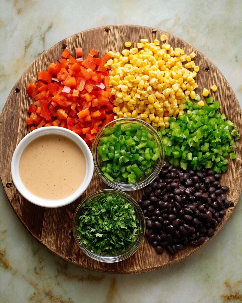 A round wooden board holds six groups of ingredients neatly arranged in sections. The top left section has bright red diced bell peppers, next to them are chopped green onions in a small clear glass bowl. Below the peppers is bright yellow corn kernels forming a small pile. To the right of the corn is a pile of black beans, and next to the beans is a small clear glass bowl filled with finely chopped green cilantro. Above the black beans is a pile of diced green bell peppers. To the left of the wooden board, on a white marbled surface, is a white bowl filled with a light beige creamy sauce. photo taken with an iphone --ar 4:5 --v 7