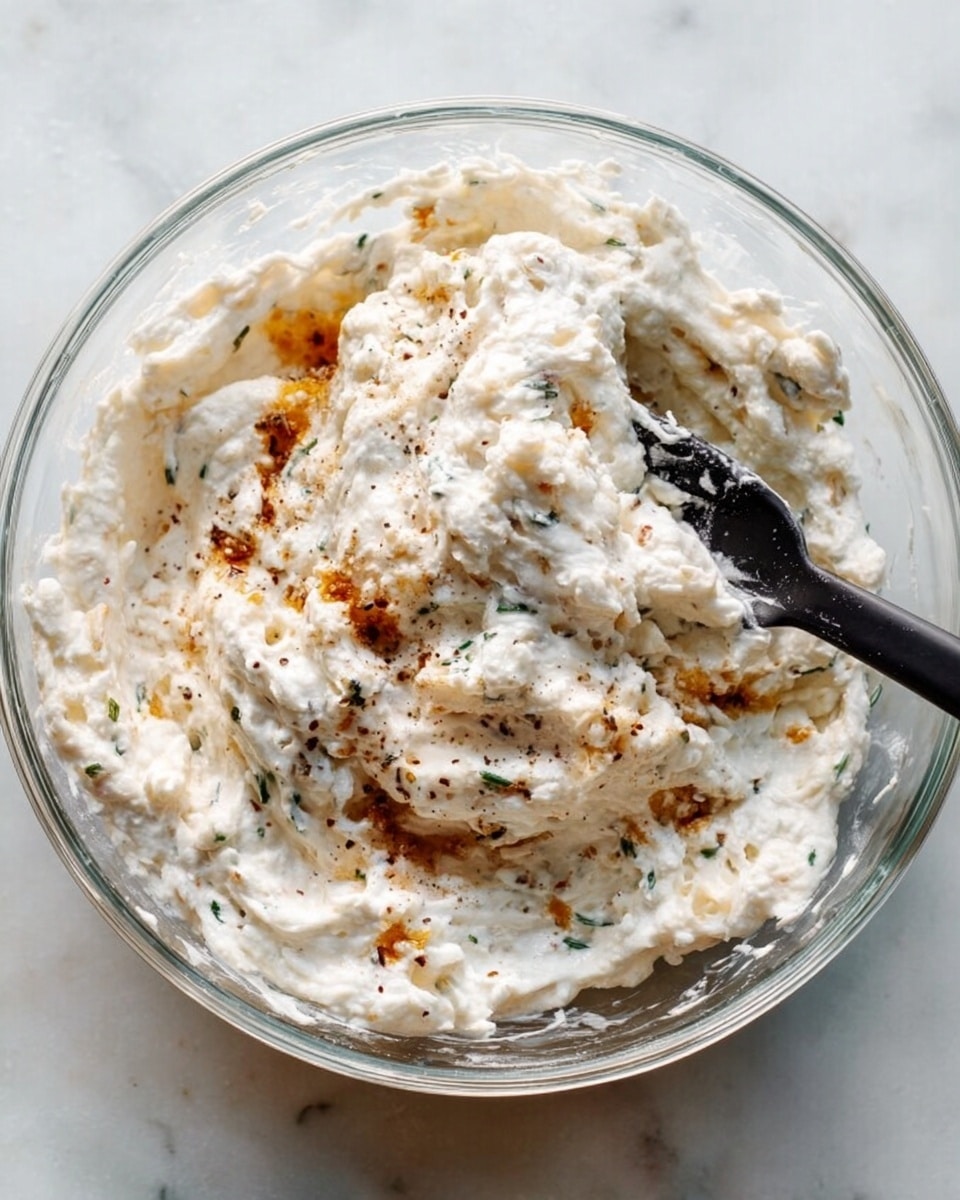 A clear glass bowl is filled with a thick, white creamy mixture that has some brown and green specks, likely seasoning, swirled throughout. The texture looks fluffy and slightly lumpy, with a black spatula resting inside, partially covered by the mixture. The bowl sits on a white marbled surface, with natural light softly highlighting the textures and colors of the dish. photo taken with an iphone --ar 4:5 --v 7