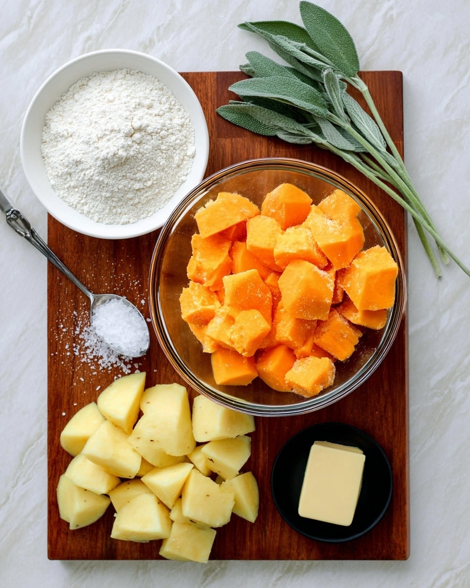 The image shows a clear glass bowl filled with bright orange, chunky pieces of butternut squash placed near the center on a dark wooden board. Below the bowl are cut yellow potato pieces spread out on the same board. A silver spoon with white salt sits above the potato pieces on the board. To the left of the bowl, there is a white bowl filled with white flour. Above the flour bowl, a small bunch of fresh sage leaves with shades of green rests on the white marbled surface. To the right and slightly above the squash bowl, a small black dish holds a solid piece of light yellow butter. The background is a white marbled texture. photo taken with an iphone --ar 4:5 --v 7