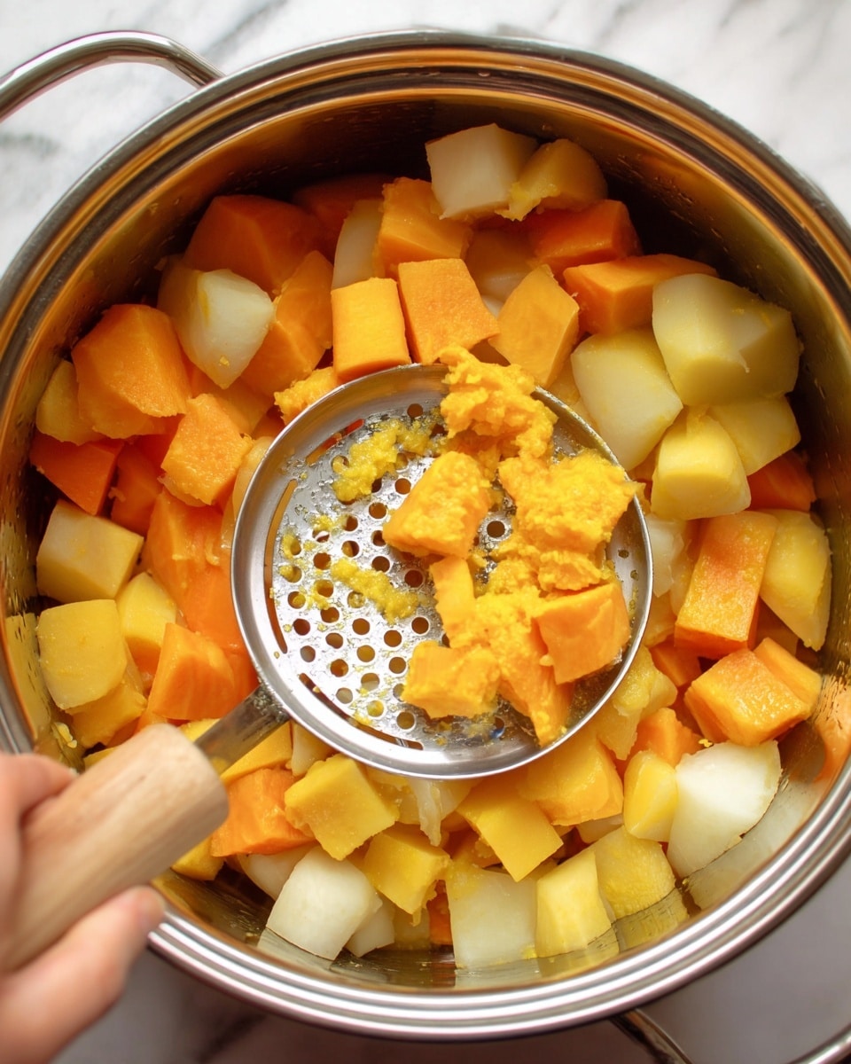 Inside a shiny metal pot, there are thick chunks of orange and off-white soft vegetables stacked unevenly. A metal masher presses down on the food, with some orange mashed bits stuck on the masher's round holes. A woman's hand holds the masher's handle at the bottom left corner of the image. The pot sits on a white marbled surface that contrasts with the natural colors of the vegetables inside. photo taken with an iphone --ar 4:5 --v 7