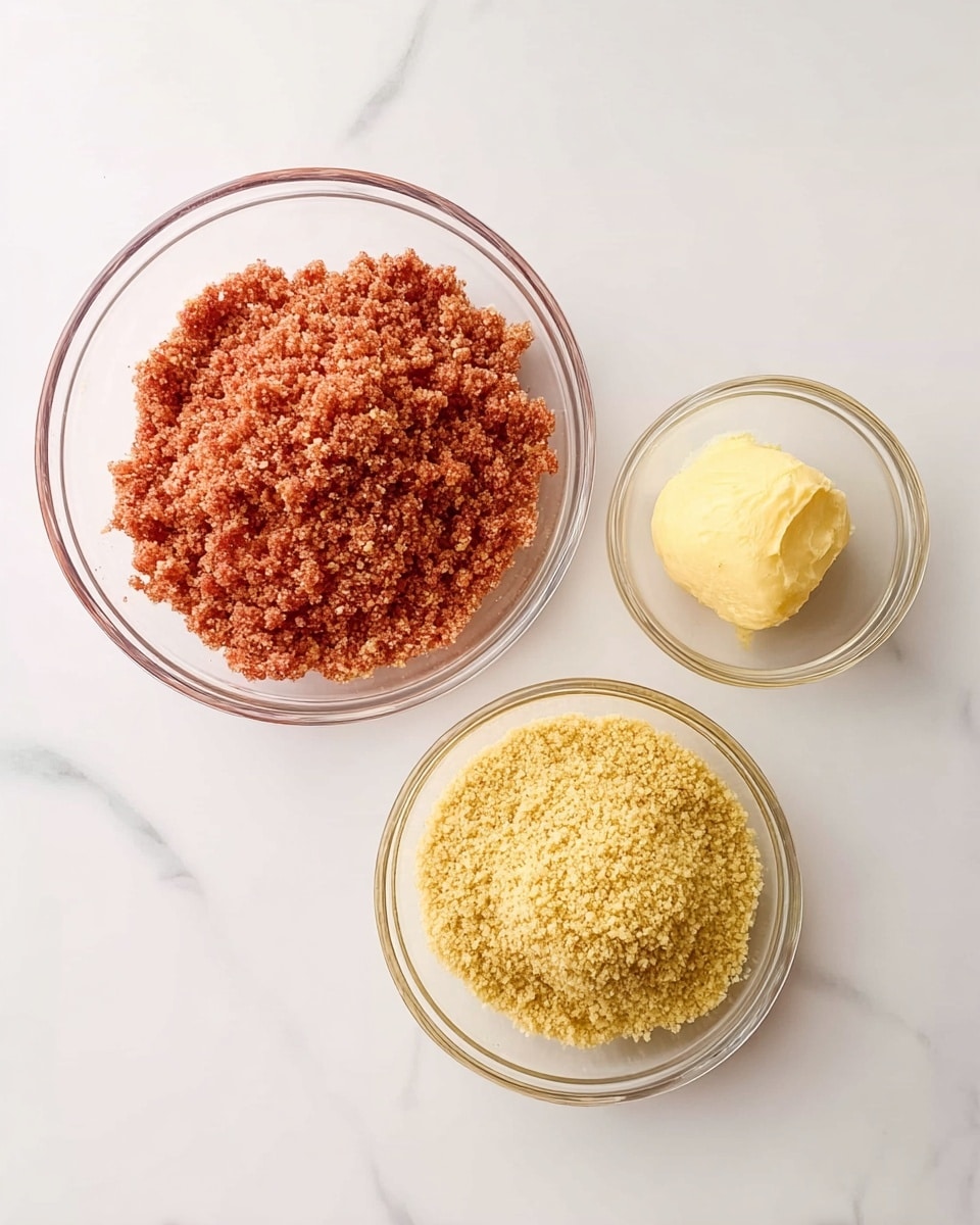 The image shows three glass bowls arranged on a white marbled surface. The largest bowl at the bottom left contains a coarse, crumbly reddish mixture with small chunks. To the right of it, a medium-sized bowl holds a fine, yellowish crumb mixture with a grainy texture. Above both, a small bowl contains a small amount of pale yellow solid, smooth and soft in appearance. The bowls are simple and clear, allowing the colors and textures inside to be easily seen. photo taken with an iphone --ar 4:5 --v 7