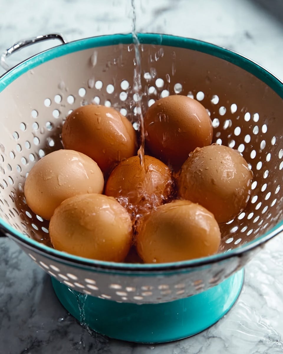 Six brown eggs sit inside a white colander with many round holes; the eggs show smooth shells with slight gloss. Water is pouring over the eggs, creating small splashes and wet spots on their surfaces. The colander has a round base and is placed on a white marbled surface, where some water has gathered below it. The colander's edges show a slight worn texture, and the overall scene has soft lighting and clear details. Photo taken with an iphone --ar 4:5 --v 7