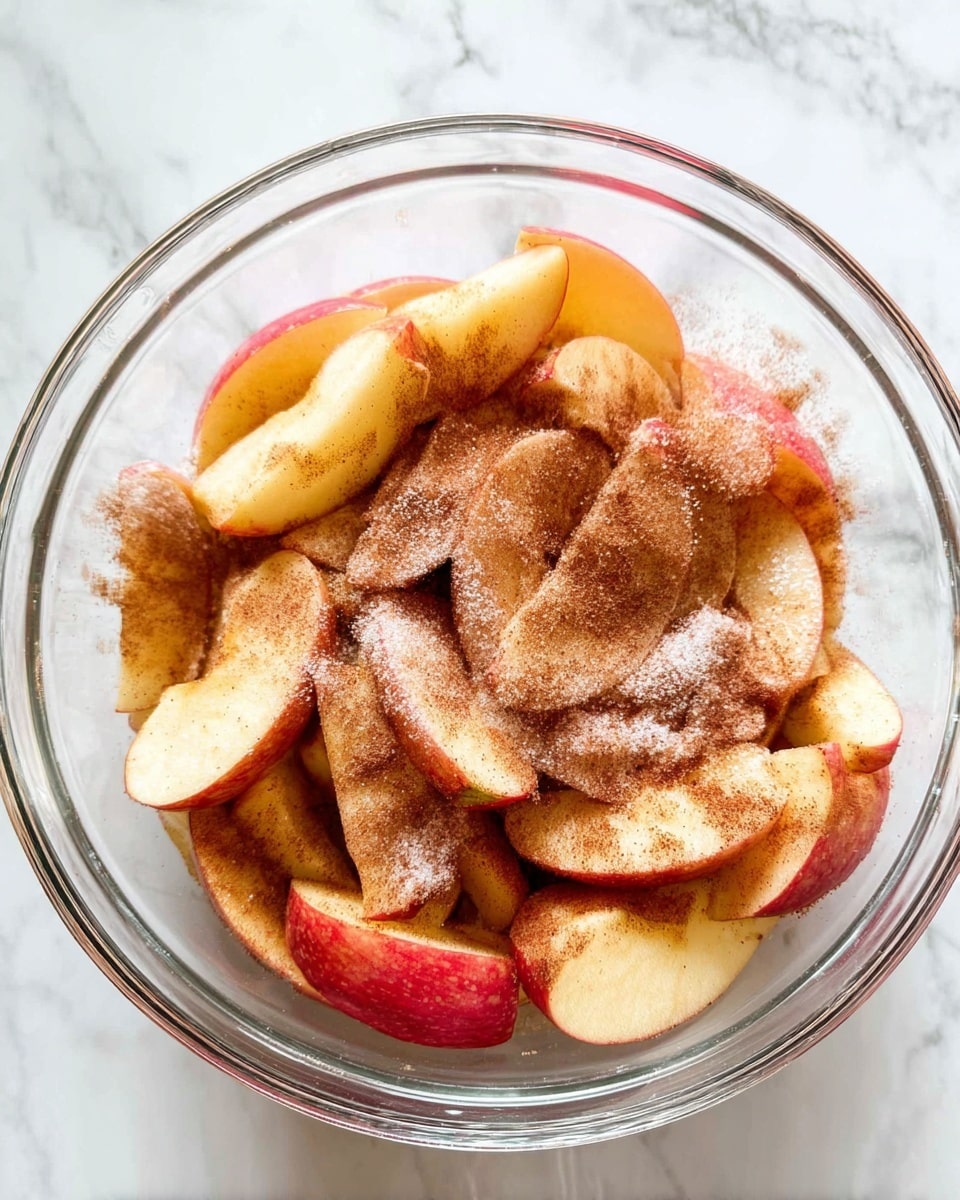 A clear glass bowl filled with apple slices that are red and yellow in color, layered with a light brown spice like cinnamon and a dusting of white sugar spread unevenly across the top. The bowl sits on a white marbled surface, giving a clean, bright background. The apple slices have a smooth texture and are arranged loosely inside the bowl, some overlapping each other. Photo taken with an iphone --ar 4:5 --v 7