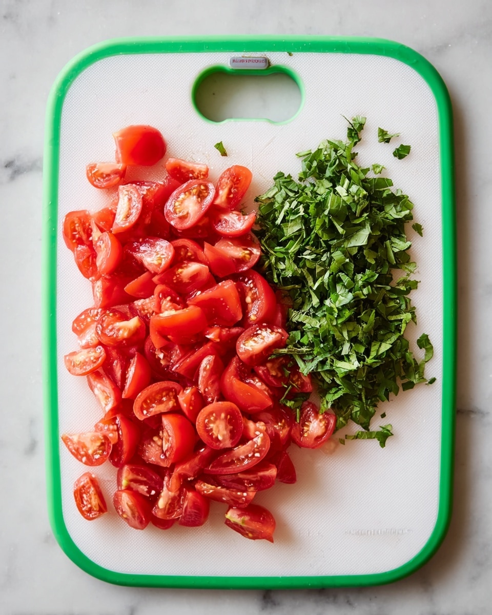 A white cutting board with a green trim sits on a white marbled surface. On the cutting board, there are two groups of chopped ingredients: a pile of bright red tomato wedges with glossy, juicy textures taking up most of the board and a smaller pile of fresh, chopped dark green leafy herbs placed near the top right of the cutting board. The cutting board has a round hole near the top center. Photo taken with an iphone --ar 4:5 --v 7