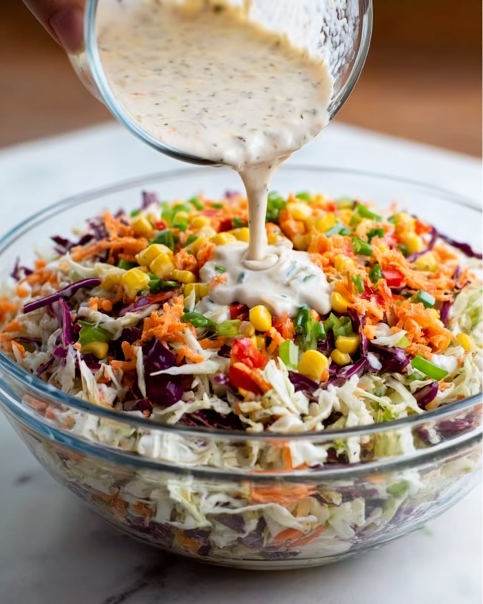 A clear glass bowl sits on a white marbled surface, filled with a colorful mixed salad. The base layer consists of shredded white cabbage combined with shredded purple cabbage. Scattered on top are small diced pieces of bright orange carrots, yellow corn kernels, chopped green onions, and some small bits of red bell pepper. A creamy white dressing is being poured from a measuring cup into the center of the salad, creating a thick swirl layer that rests on top of the colorful mix. The woman's hand is holding the measuring cup, pouring the dressing carefully, with the background softly blurred to focus on the bowl. Photo taken with an iphone --ar 4:5 --v 7