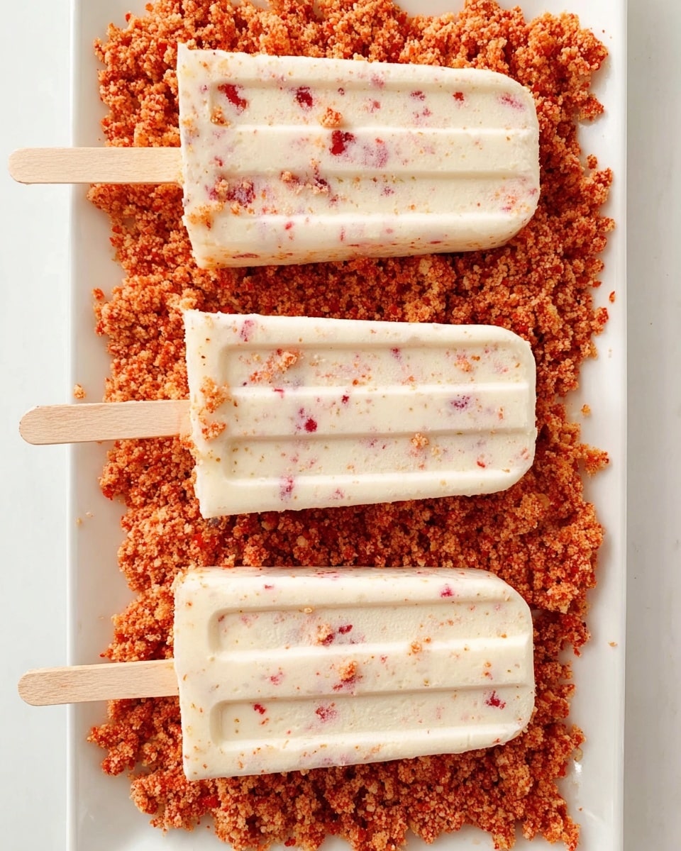 Three creamy white popsicles with small red fruit bits are placed horizontally on a bed of bright orange-red crumbled textured topping filling a white rectangular plate. Each popsicle has a wooden stick and is evenly spaced from top to bottom. The popsicles show a smooth surface with some spots of uneven texture and fruit pieces visible inside. The white marbled background enhances the bright colors of the popsicles and crumbs. photo taken with an iphone --ar 4:5 --v 7