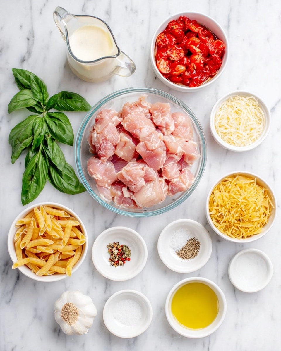 The image shows a top view of various cooking ingredients arranged neatly on a white marbled surface. In the center, there is a glass bowl filled with raw, pink chicken pieces. Around it are small white bowls and containers holding yellow dried pasta, red chopped tomatoes, grated cheese, minced garlic, salt and pepper, and three types of mixed spices. There are also two clear glass pitchers, one with light cream and one with golden yellow oil, and a bunch of fresh green basil leaves placed on the left side. Everything is laid out clearly and bright with natural lighting, creating a clean and fresh look photo taken with an iphone --ar 4:5 --v 7
