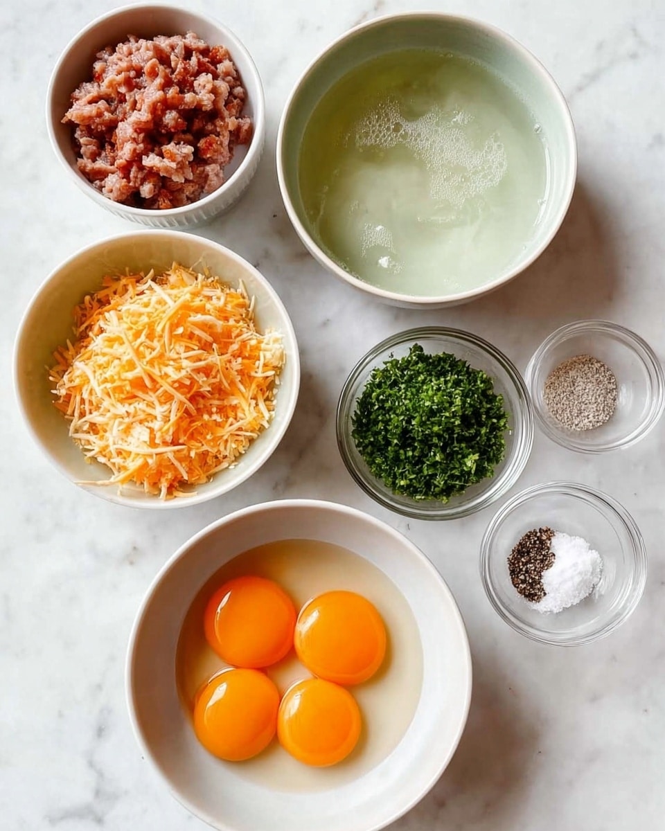 The image shows six white bowls and small glass dishes arranged on a white marbled surface. At the bottom center is a bowl with seven bright orange egg yolks. Above it to the right is a small glass dish with finely chopped green herbs. To the left of the egg yolks is a bowl filled with finely shredded orange and white cheese. At the top left is a bowl of small, chopped brown meat pieces. In the middle top is a larger bowl with clear egg whites showing a smooth, slightly bubbly texture. To the right of this bowl are two small glass dishes, one with coarse salt and the other with coarse black pepper. The arrangement is neat and organized, with a clean and fresh look photo taken with an iphone --ar 4:5 --v 7