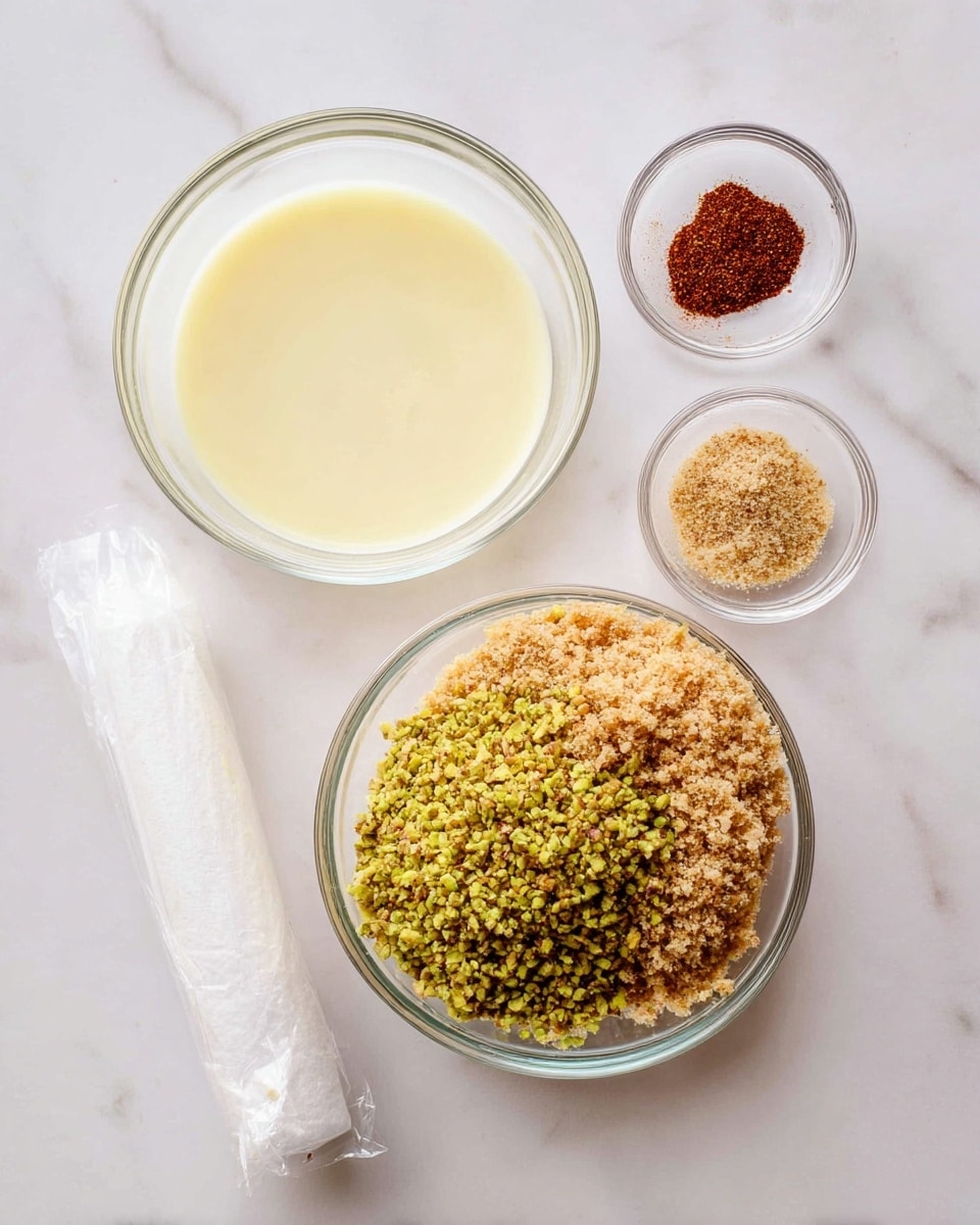 The image shows a white marbled surface with three clear glass bowls and a wrapped white stick arranged on it. In the largest bowl at the bottom right, there are two textured layers: a smaller section of bright green crushed nuts on the right and a larger section of light brown crushed crumbs on the left. Above this, to the left, is a medium-sized bowl filled with a pale yellow, smooth liquid. Top right holds a small bowl with two spice powders, one reddish-brown and one light brown, side by side. Below all the bowls is a white stick wrapped in clear plastic. Photo taken with an iphone --ar 4:5 --v 7