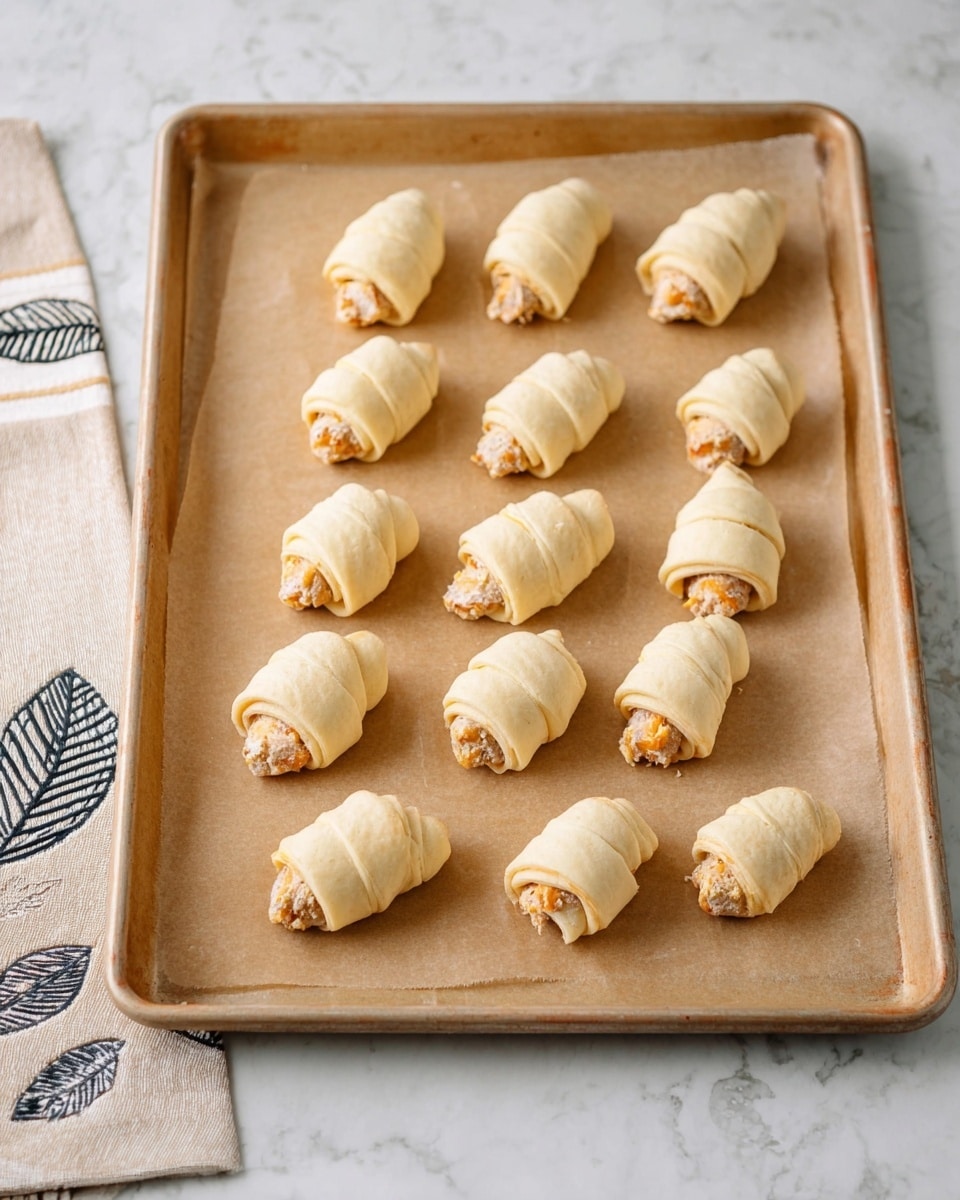 A baking tray lined with light brown parchment paper holds 15 small, uncooked crescent rolls arranged in a 3 by 5 grid. Each roll has two visible layers of pale yellow dough wrapped around a filling that is light brown mixed with some bits of orange. The tray is placed on a white marbled surface, and a beige napkin with black leaf patterns is partially visible in the top right corner. The dough looks soft and smooth, and the rolls are uniform in size. photo taken with an iphone --ar 4:5 --v 7