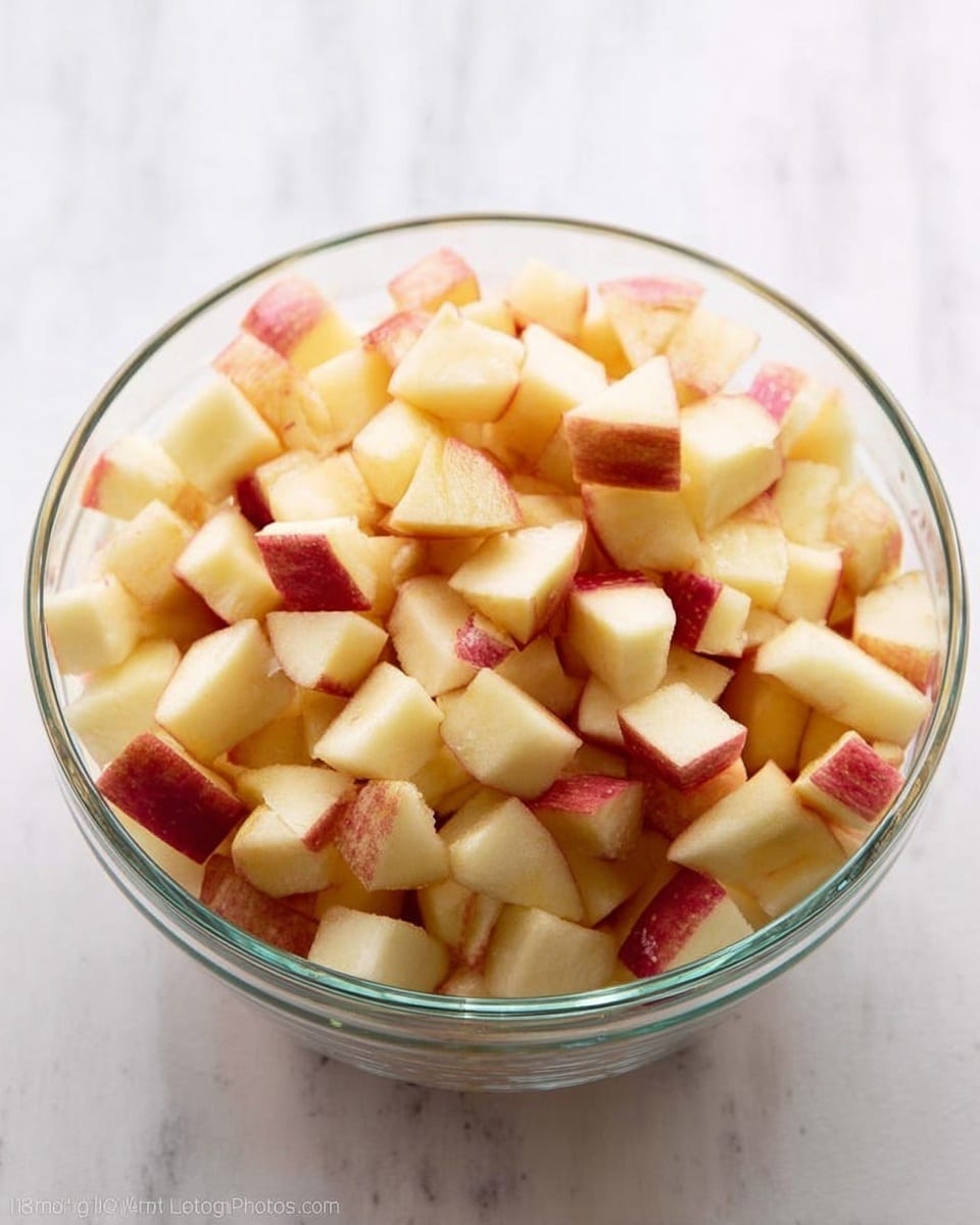 A clear glass bowl filled with many small cubes of peeled and unpeeled apples, showing a mix of creamy white and light red colors, resting on a white marbled surface, with soft lighting from above highlighting the fresh, juicy texture of the apple pieces photo taken with an iphone --ar 4:5 --v 7
