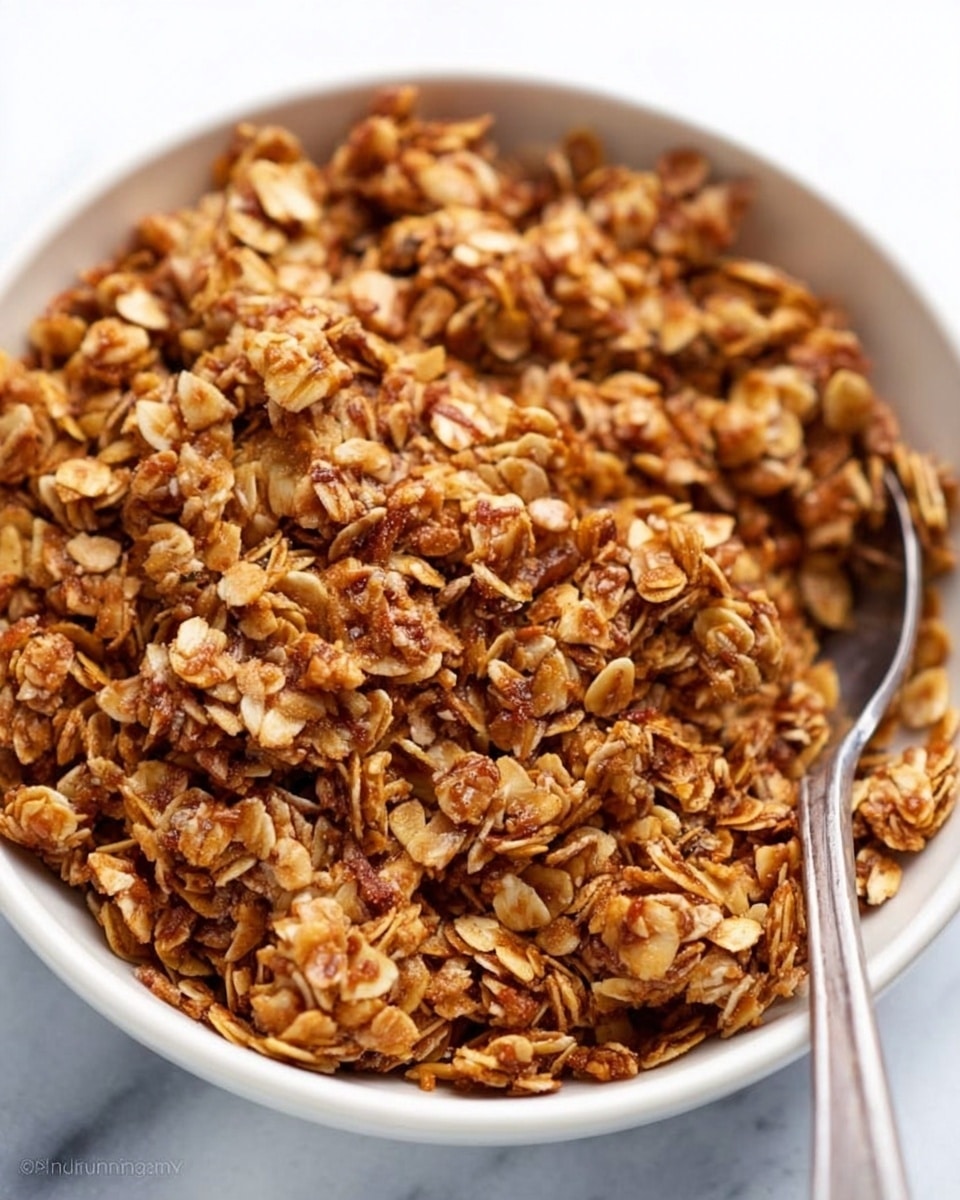 A close-up view of crunchy granola in a white bowl, filled to the top with golden-brown oats mixed with small pieces of nuts or seeds, showcasing a textured, rough surface with a mix of light and darker brown shades. A silver spoon rests inside the bowl on the right side, slightly buried in the granola. The background is a white marbled surface. photo taken with an iphone --ar 4:5 --v 7