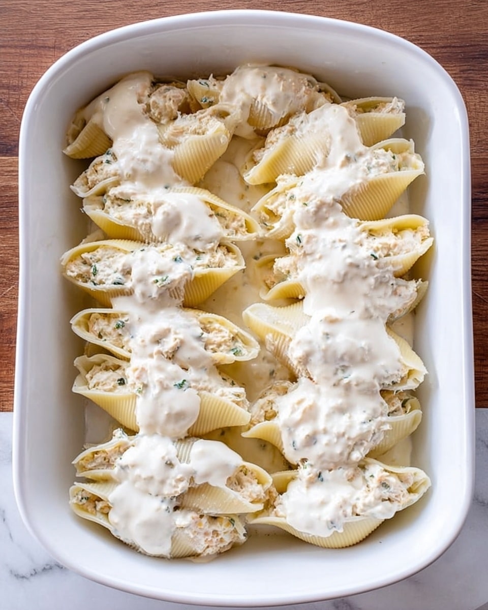 A white rectangular baking dish filled with two layers of large pasta shells stuffed with a light beige filling, possibly ricotta or chicken mix. The top layer of shells is covered with a white creamy sauce that looks smooth and slightly thick. The dish is set on a white marbled surface that contrasts the wooden texture of the background. There are about two rows of shells, arranged closely but not overlapping, with the creamy sauce unevenly spread over each shell. Photo taken with an iphone --ar 4:5 --v 7
