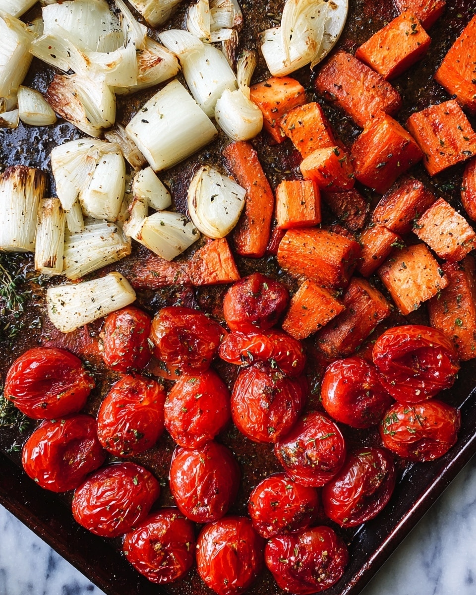 This image shows a tray with three sections of roasted vegetables on a dark baking sheet: the top left has quartered white onions with a slightly translucent look and some herbs sprinkled on top; the top right features orange carrots cut into thick chunks browned with herbs; the bottom half is filled with whole and halved roasted red cherry tomatoes with wrinkled skin and herbs. The vegetables are shiny with oil and the tray looks well seasoned. The photo is taken with a white marbled background. Photo taken with an iphone --ar 4:5 --v 7