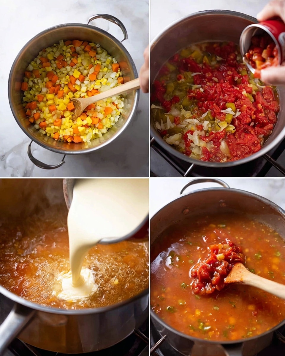 The image shows four steps in making a soup, all done in a large silver pot on a stove. First, there is a mix of small chopped yellow, orange, and white vegetables cooking in the pot with some oil and spices. The second step shows a stream of creamy white liquid being poured into the pot filled with chopped vegetables and red ingredients. The third step captures a woman's hand adding red tomato pieces from a can into the pot filled with the vegetable mixture. The last step shows the soup bubbling as a wooden spoon stirs the steaming red-orange liquid with visible small vegetables floating inside. The background surface is a white marbled texture. photo taken with an iphone --ar 4:5 --v 7
