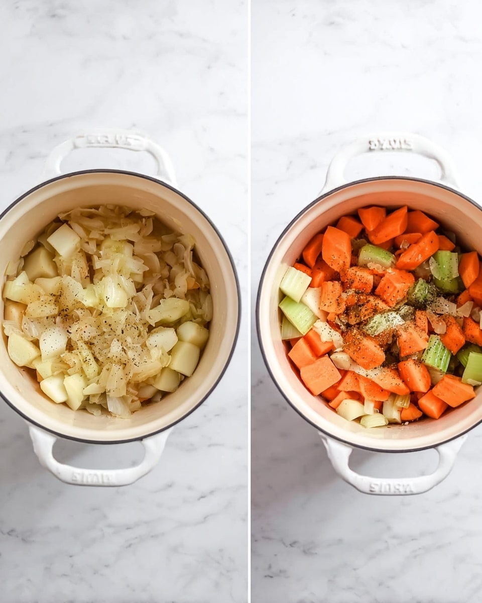 The image shows two white pots on a white marbled background. The left pot contains small pieces of cooked onion that are light yellow and soft in texture. The right pot has chopped orange carrots, pale green celery, and light beige parsnips, all mixed together with specks of black pepper sprinkled on top. Both pots have two handles visible and are viewed from above. photo taken with an iphone --ar 4:5 --v 7