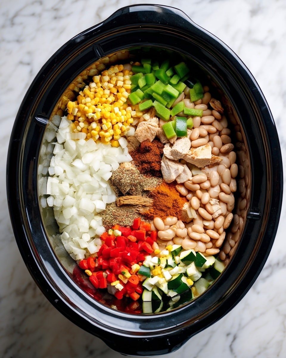 The image shows a black slow cooker filled with different ingredients placed in separate sections without mixing. On the front left side, there is a pile of chopped white onions, next to it are yellow corn kernels stacked in two clusters, and just above them, there are white beans. Above the beans to the left is chopped green bell pepper. On the top right side of the cooker is a portion of cooked, diced light brown chicken. In the middle of the image are spices in small piles, including a brownish herb mix and a reddish powder. At the bottom center, there are small chopped pieces of red bell pepper, and on the far right side under the chicken are small diced pieces of green zucchini. The slow cooker sits on a white marbled background. Photo taken with an iphone --ar 4:5 --v 7