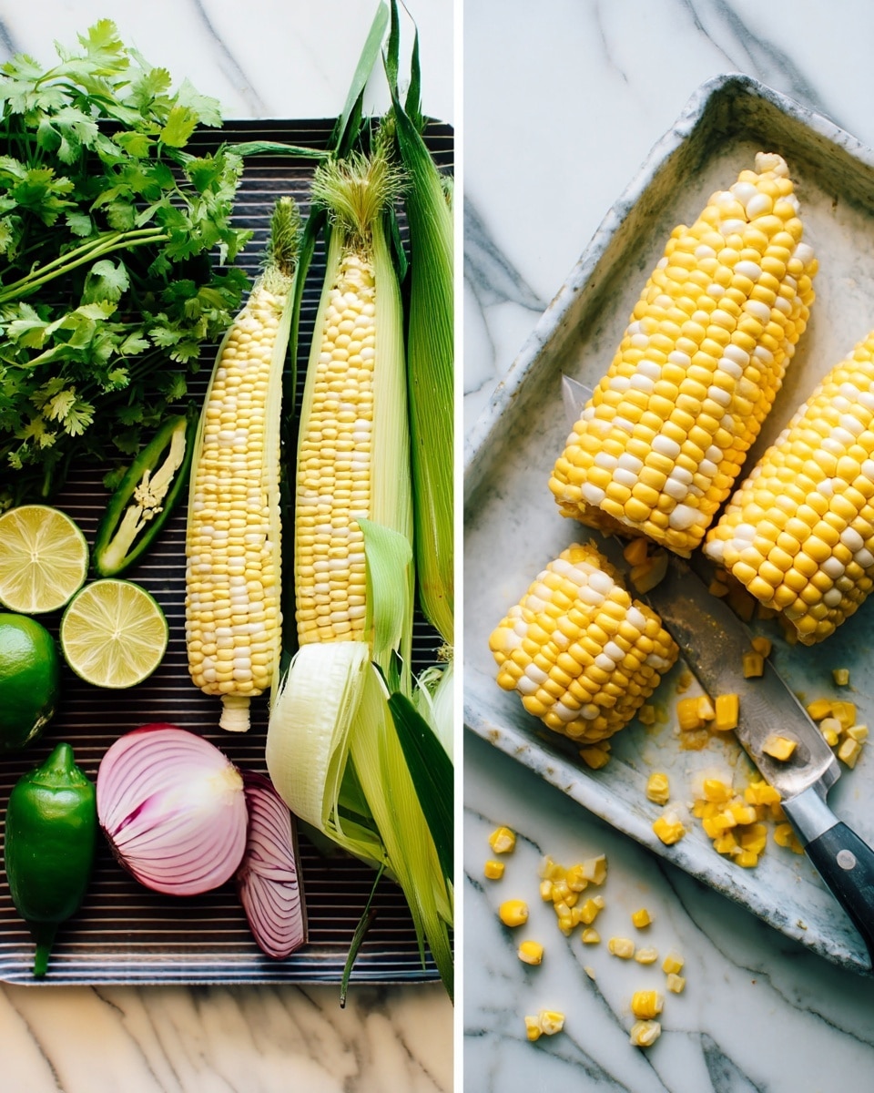 The image shows two parts: on the left, a white marbled surface with a striped black tray holding two ears of corn with green husks partially opened, a bunch of fresh cilantro, two lime halves, two green chili halves, and a halved red onion with layers visible; on the right, a close-up of a yellow and white ear of corn being sliced with a knife on a clean white marbled surface, with small corn kernels scattered around and a metal container partially visible in the corner photo taken with an iphone --ar 4:5 --v 7