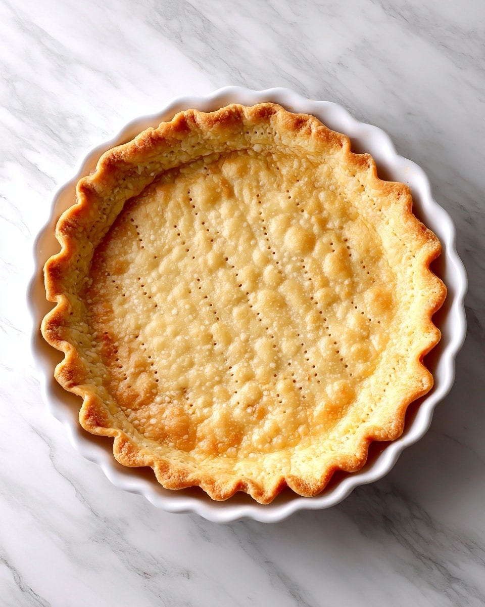 A single layer golden pie crust with a crimped edge, baked evenly to a light golden brown, sitting in a white ceramic pie dish. The crust has tiny fork holes across the flat base, showing a crisp texture. The background is a white marbled surface. photo taken with an iphone --ar 4:5 --v 7