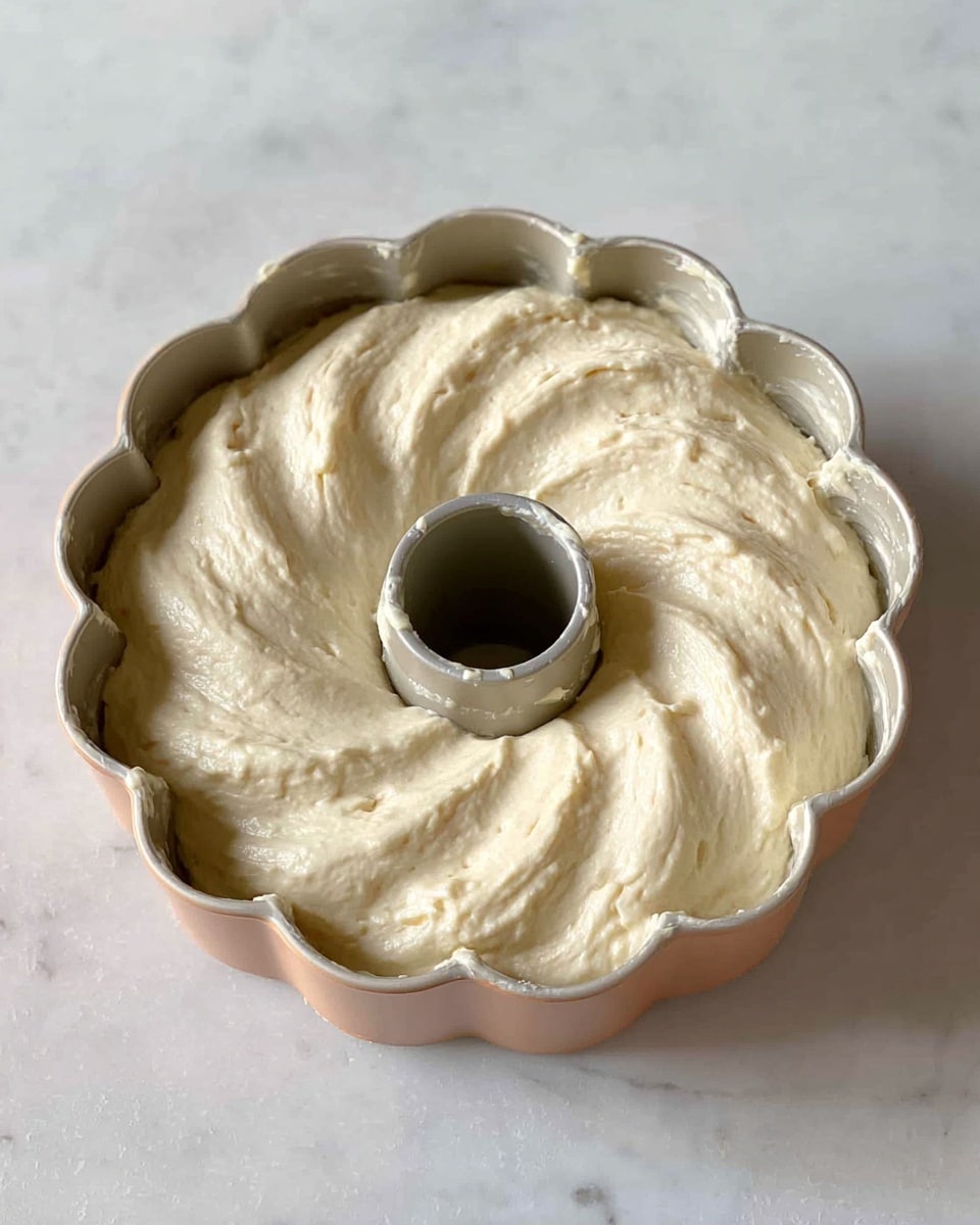 A round bundt cake pan filled with pale cream batter smooth on top with swirled texture patterns, the pan has scalloped edges and a hollow center tube. The batter is creamy and thick, showing soft peaks and slight unevenness. The pan rests on a white marbled surface. photo taken with an iphone --ar 4:5 --v 7