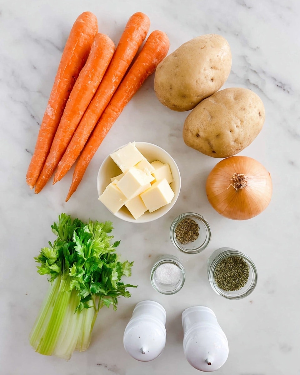 A white marbled surface holds a group of fresh ingredients arranged neatly: four bright orange carrots placed in the upper left, three light brown potatoes slightly below them, and a single light golden onion positioned to the bottom left. To the right of the potatoes, a small white bowl contains three cubes of pale yellow butter. Nearby, two white salt and pepper shakers stand side by side. Below the butter bowl, three small glass jars hold various dried green herbs, and a bunch of fresh green parsley rests right beside them. At the bottom left, two light green celery stalks lie horizontally, partially in the frame. photo taken with an iphone --ar 4:5 --v 7