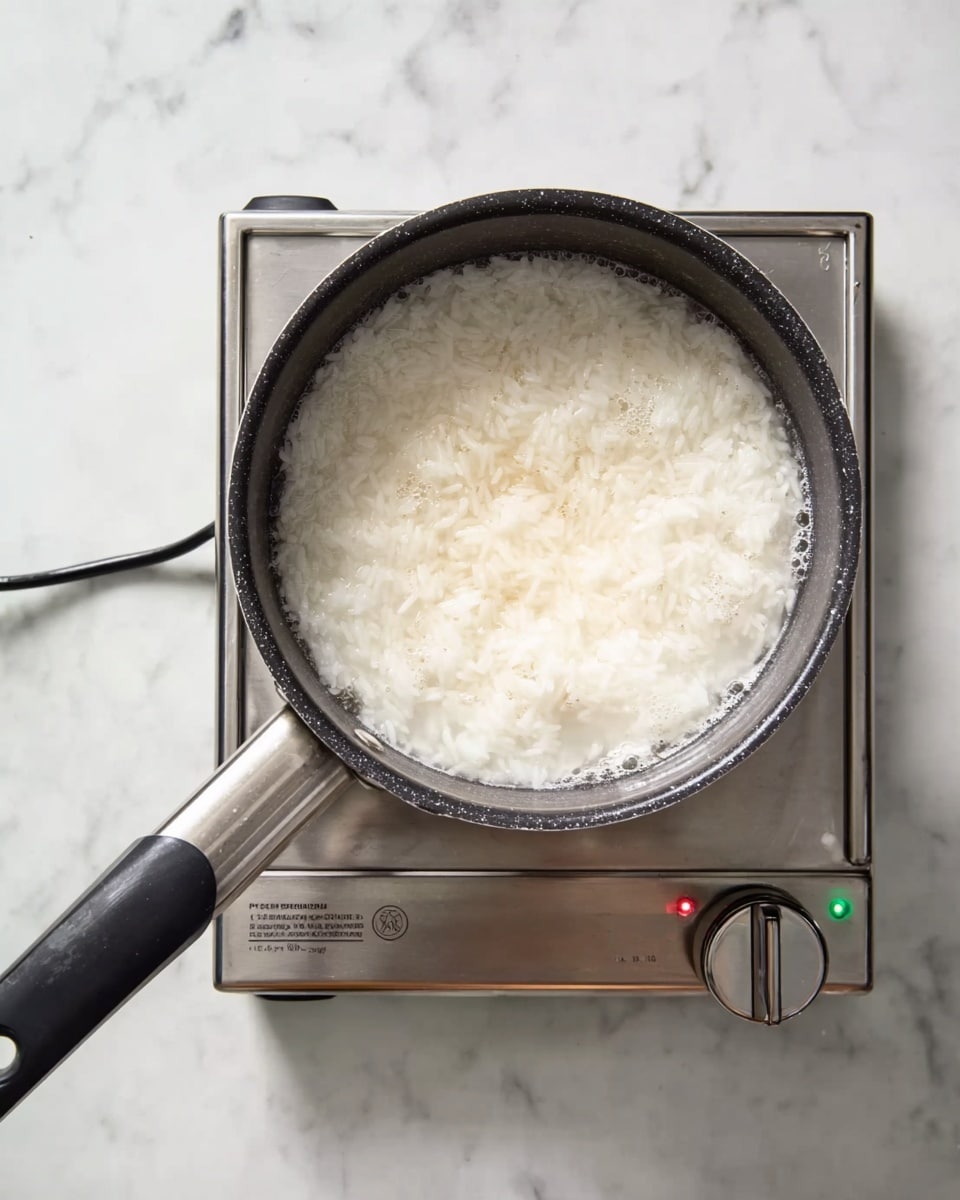 A black pot is placed on a silver electric stove on a white marbled surface. Inside the pot, there is a thick, white mixture that looks like it is boiling or simmering, with some bubbles visible on the surface. The pot handle extends to the left, and the stove has a control knob on the front right side along with green and red indicator lights. photo taken with an iphone --ar 4:5 --v 7
