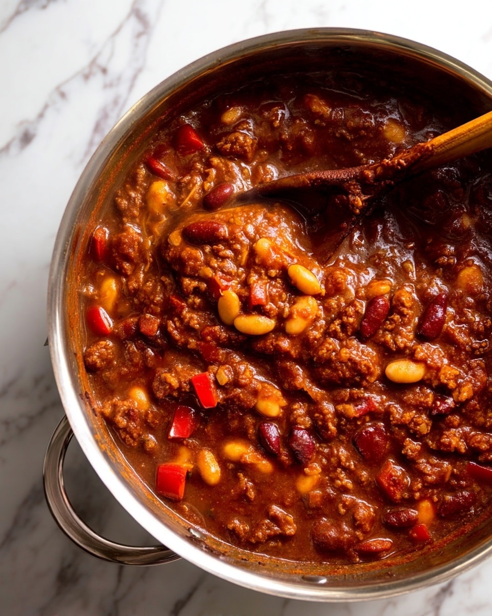 The image shows a close-up of a large metal pot filled with thick, dark brown chili. The chili has visible layers of textured sauce mixed with chunks of light beige beans and pieces of red bell pepper scattered throughout. A wooden spoon with a deep brown color is partially submerged, stirring the rich chili, with steam rising from the pot. The pot sits on a white marbled surface, highlighting the warm and hearty texture of the dish. photo taken with an iphone --ar 4:5 --v 7