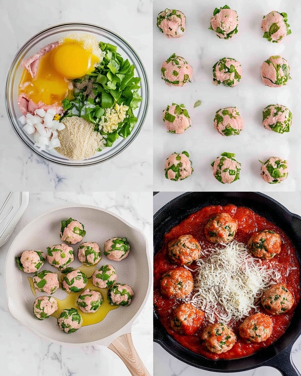 The image shows four parts of preparing spinach turkey meatballs. The first part is a glass bowl with six unmixed layers: light pink ground turkey, yellow egg yolk, white grated cheese, fresh bright green chopped spinach, white chopped onion, and light beige breadcrumbs, all placed on a white marbled surface. The second part shows 12 raw round meatballs made of pink turkey mixed with green spinach leaves, arranged evenly on the white marbled surface in a 4x3 grid. The third part displays 11 meatballs frying in olive oil inside a gray pan with a wooden handle; the meatballs are pink with green spinach pieces. The fourth part shows cooked meatballs in a black pan over a layer of red tomato sauce, topped with white shredded mozzarella and a sprinkle of grated cheese. Photo taken with an iphone --ar 4:5 --v 7