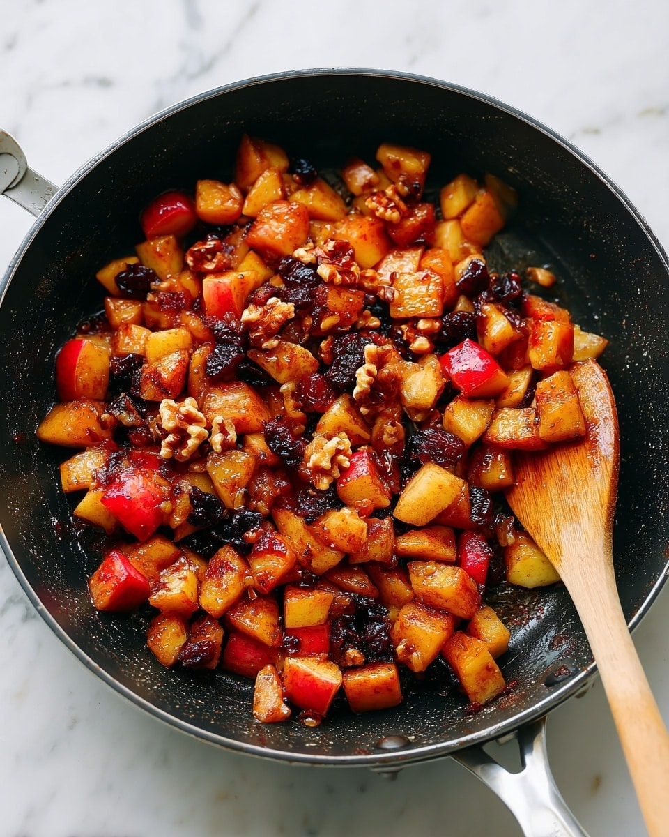 A black frying pan filled with small, uneven chunks of cooked apples in shades of red, yellow, and light brown, mixed with dark, slightly shriveled dried fruit pieces and sprinkled with small, light brown nut pieces on top; a wooden spatula is stirring the mixture from the right side, showing some sticky juice and caramelization on the fruit pieces. The pan sits on a white marbled surface. photo taken with an iphone --ar 4:5 --v 7