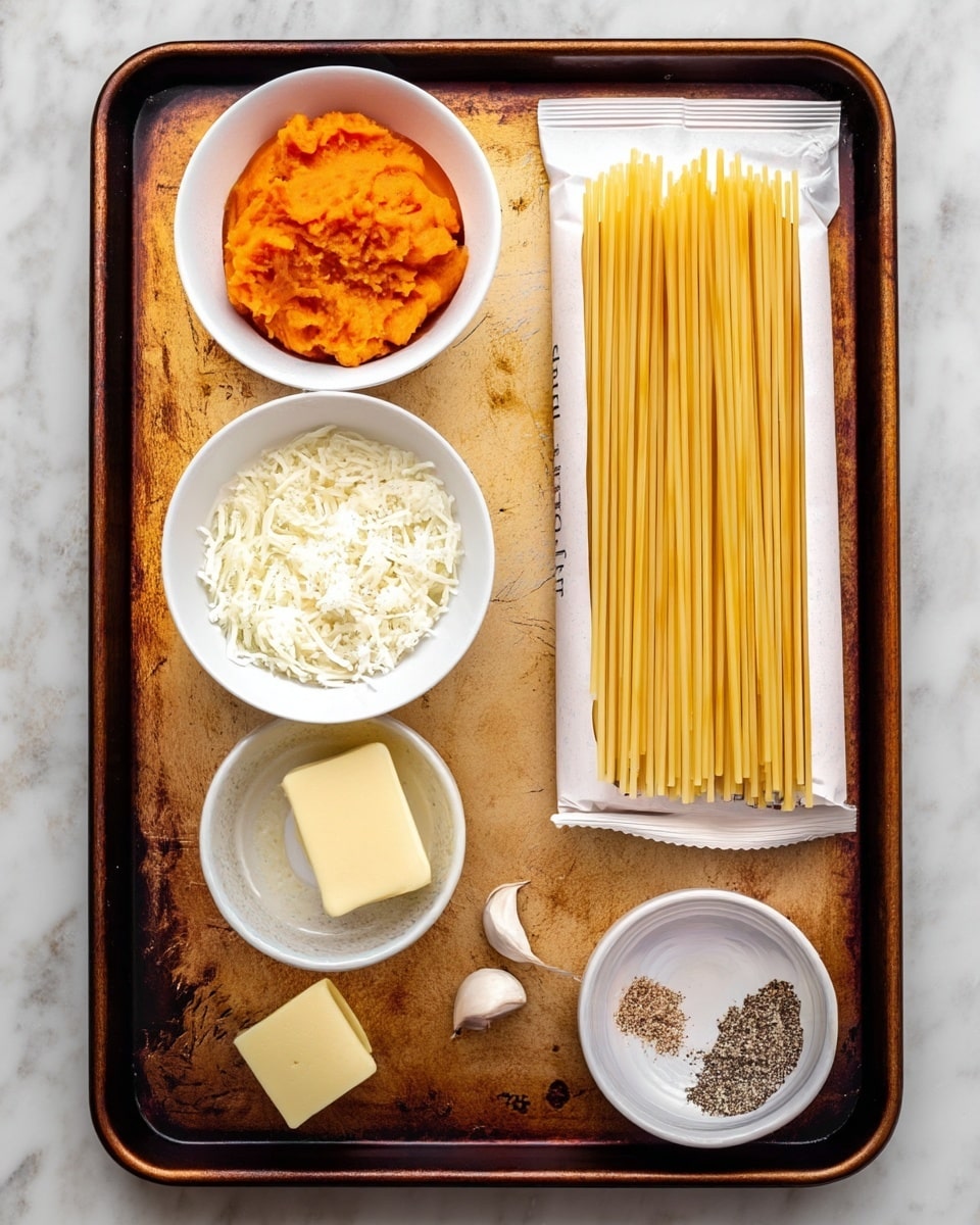 A rusty baking sheet holds several cooking ingredients arranged neatly on a white marbled surface. On the left side, three white bowls are stacked vertically, the top one filled with bright orange mashed sweet potatoes, the middle one packed with fine white grated cheese, and the bottom one filled with shredded white mozzarella cheese. To the right of the bowls, a white package of uncooked bucatini pasta stands vertically, showing the long, golden-yellow pasta through a clear window. Below, on the bottom left, a small square of pale yellow butter rests directly on the baking sheet. Near the bottom center, two whole garlic cloves with pale skins lie side by side. On the bottom right, a small white bowl contains two spices, one brown and one black. The photo was taken with an iphone --ar 4:5 --v 7