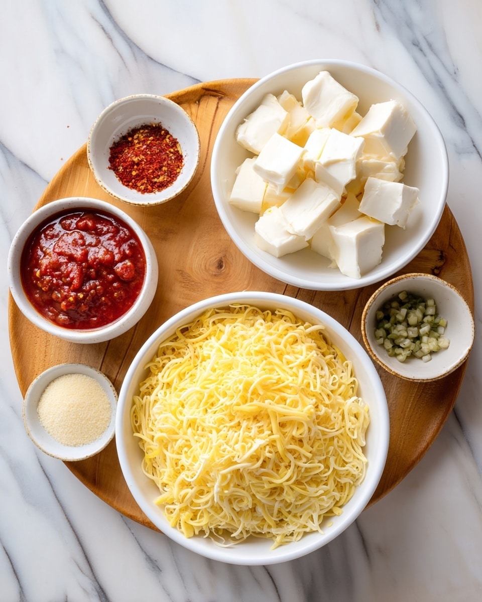 A white bowl filled with a large amount of shredded yellow cheese sits on a round wooden board. Next to it is a white bowl holding several big white cheese cubes. Around the board are four small white bowls holding different ingredients: one has a red sauce, another contains a pale creamy substance, the third has a light powder with some red seasoning, and the last has small green pieces. The whole setup is on a white marbled surface. photo taken with an iphone --ar 4:5 --v 7
