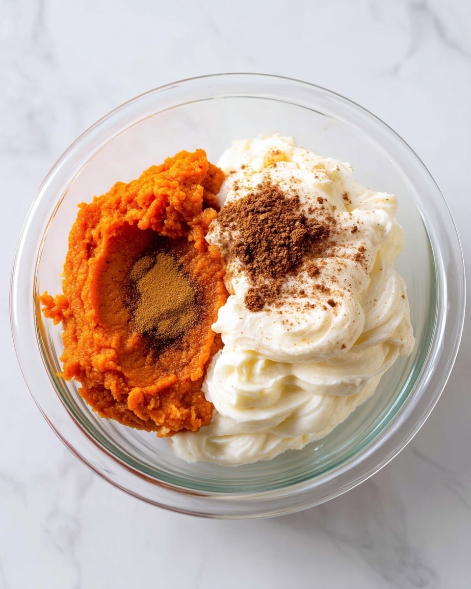 A clear glass bowl holds three layers of ingredients: on the left side, there is a bright orange thick mash with a small heap of brown spice powder in the center; next to it on the right side is a smooth, creamy white layer with soft peaks, both resting inside the bowl set on a white marbled surface. photo taken with an iphone --ar 4:5 --v 7