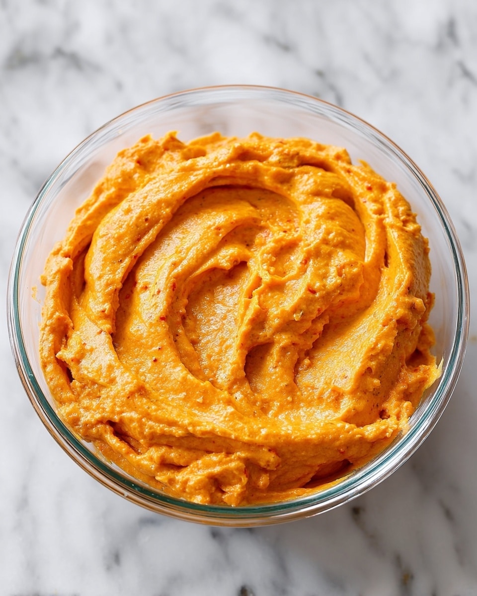 A clear glass bowl filled with a thick layer of smooth, creamy orange spread with visible soft swirls and slight texture on the surface, sitting on a white marbled background. The orange spread is evenly spread inside the bowl, showing gentle peaks and folds that create a soft, inviting look. photo taken with an iphone --ar 4:5 --v 7
