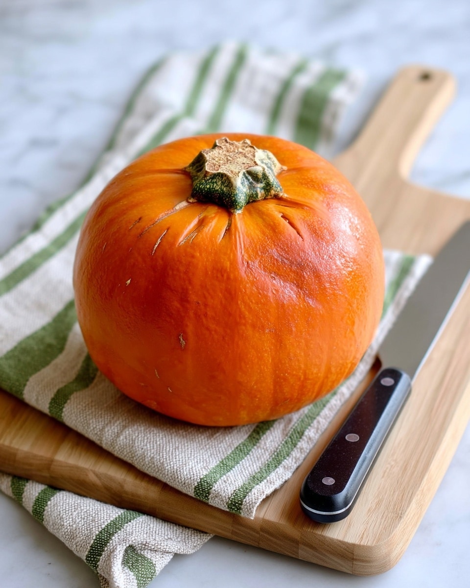 A round, orange pumpkin with a textured, rough greenish-brown stem sits on a light wooden cutting board. The pumpkin's surface shows some small scratches and natural marks, giving it a slightly uneven texture. A knife with a black handle and metal blade lies horizontally in front of the pumpkin on the cutting board. Underneath the cutting board, there is a beige cloth with green stripes, and the whole scene is set against a white marbled background photo taken with an iphone --ar 4:5 --v 7