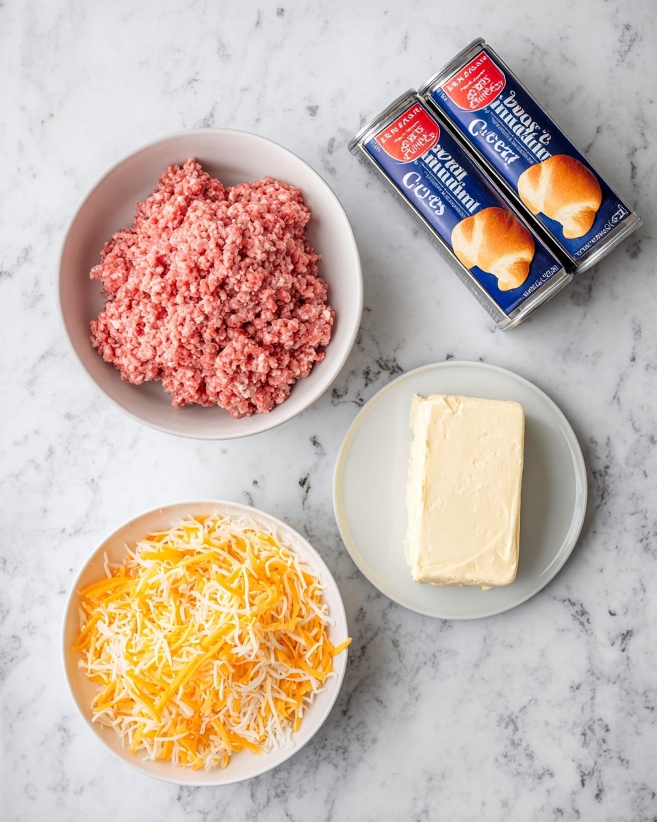 The image shows four main items on a white marbled surface: a white bowl with a mound of raw ground meat that is pink with specks of white, a white bowl filled with shredded cheese in orange and pale yellow colors, a white plate holding a solid block of cream cheese which is smooth and white, and two unopened blue cans of crescent rolls with red tops placed side by side. photo taken with an iphone --ar 4:5 --v 7