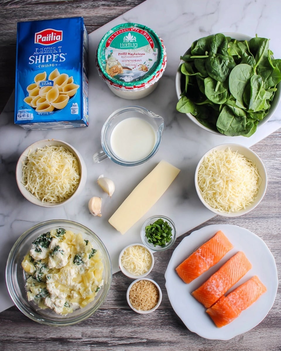 The image shows a top view of various ingredients arranged neatly on a white marbled surface. On the left, there is a blue box of jumbo pasta shells, next to a round white container of ricotta cheese with a green and red label. Above it, a small white bowl with a red rim holds milk, and a stick of salted butter lies horizontally in the middle. A clear glass measuring cup filled with shaved white cheese is at the top center, while a white bowl with light yellow shredded cheese is placed just below it. To the right, a small bowl holds light beige breadcrumbs, and a tiny bowl with chopped green herbs is beside it. A white plate on the lower right contains two pieces of orange fish fillets. Above the fish plate, a white bowl is overflowing with fresh green spinach leaves. Three garlic cloves in a small clear bowl rest between the butter and fish plate. photo taken with an iphone --ar 4:5 --v 7