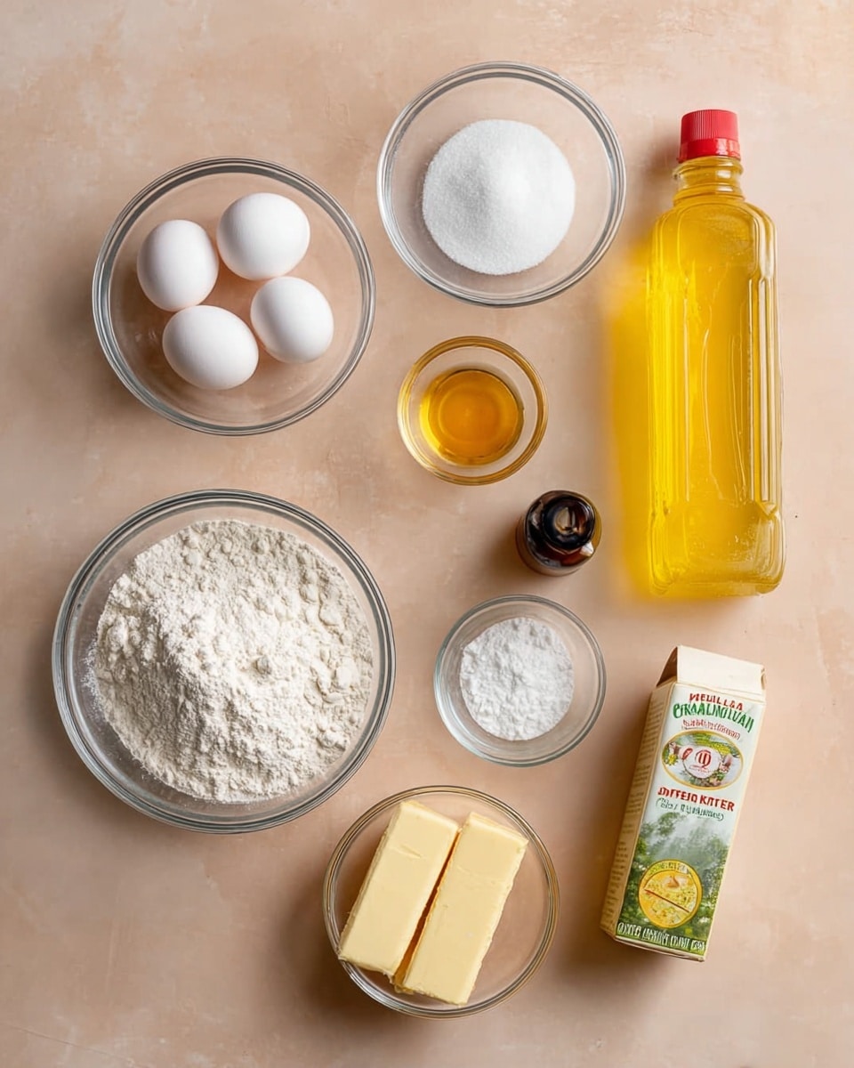 The image shows a flat lay of baking ingredients arranged neatly on a smooth light beige surface. There are three white eggs in a clear glass bowl at the top left, next to a small clear bowl with a pinch of salt. Below, a larger clear bowl holds white granulated sugar, and beside it is another clear bowl filled with white flour. To the right, there are two rectangular sticks of butter with light orange wrappers. Above the butter, a small clear bowl contains baking soda, and next to it is a small clear bowl with baking powder. On the top right side, there is a tall bottle of yellow vegetable oil, a yellow and green milk carton, and a small dark bottle of vanilla extract. The overall setup is clean and organized, with all containers transparent except the milk carton and vanilla bottle. photo taken with an iphone --ar 4:5 --v 7