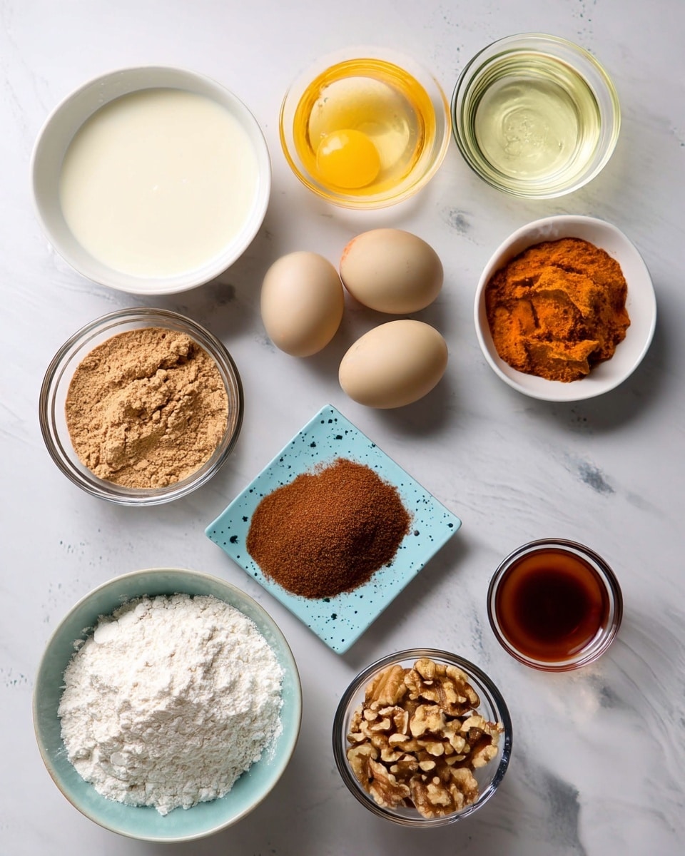 The image shows ten small bowls and a glass measuring cup with different ingredients on a white marbled surface. The ingredients include a white liquid in a white bowl, a creamy beige mixture in a glass bowl, two raw yellow eggs in a glass bowl, a clear pale liquid in a glass bowl, several dry powders (cinnamon, baking soda, salt, and baking powder) arranged on a small blue square plate, a thick orange mixture in a glass bowl, a dark brown liquid in a small glass bowl, a small white bowl with brown powder, a white bowl filled with light brown sugar, a glass bowl with chopped walnuts, and a glass measuring cup filled with white flour. All items are neatly spaced and viewed from above. photo taken with an iphone --ar 4:5 --v 7