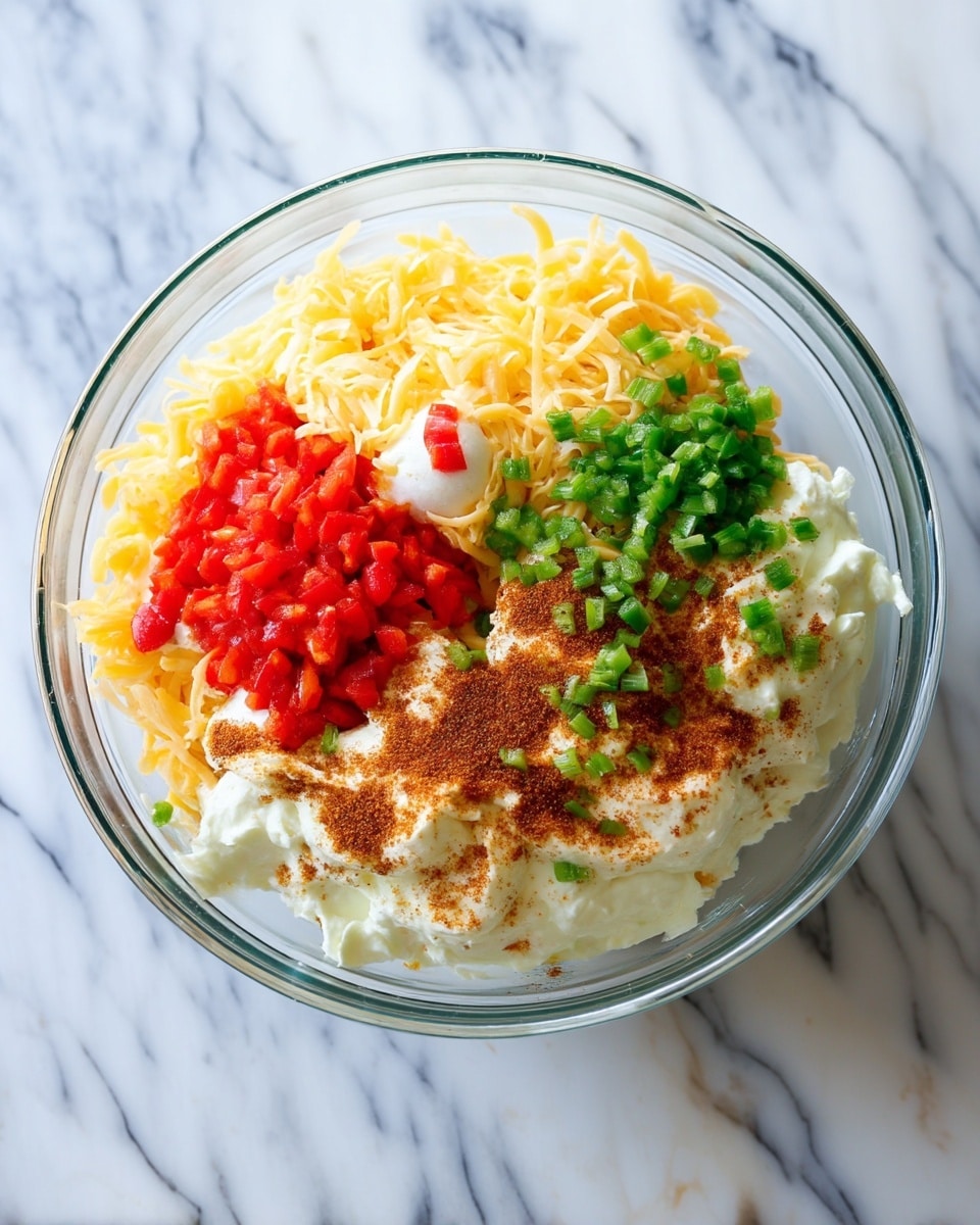 A clear glass bowl containing five distinct layers of ingredients is placed on a white marbled surface. The first layer is pale yellow shredded cheese on the right, topped with small green chopped pieces. Adjacent to this layer, there is a bright red chopped pepper layer on the right side of the bowl. Below these layers, there is a thick white creamy layer that looks like sour cream, with a topping of brown seasoning. The different ingredients sit loosely together in the bowl, showing varied colors and textures. Photo taken with an iphone --ar 4:5 --v 7