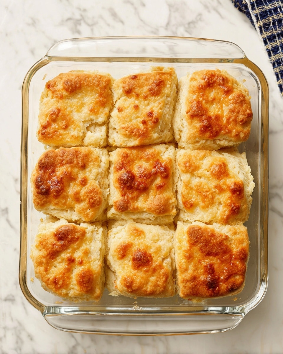The image shows a clear glass square baking dish with nine golden-brown biscuits inside, arranged in a 3x3 grid. Each biscuit has a slightly rough, crispy top layer that varies in shades of golden and light brown, with some darker toasted spots. The biscuits have a soft, fluffy texture visible through uneven cracks and uneven edges. The baking dish is placed on a white marbled surface, and the biscuits fill the dish completely, appearing freshly baked and warm. Photo taken with an iphone --ar 4:5 --v 7