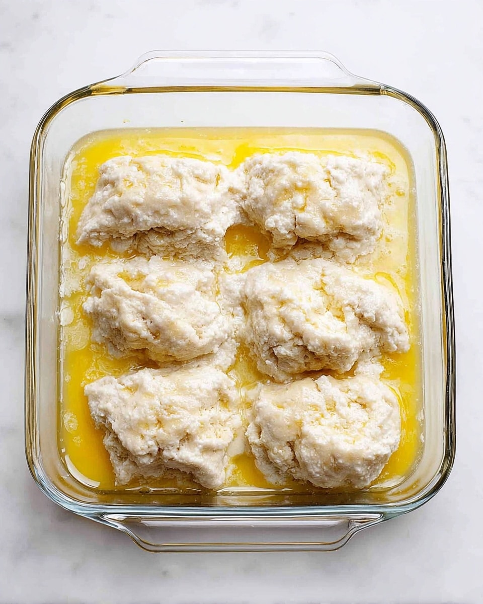 The image shows a clear, square glass baking dish on a white marbled surface, filled with six large, irregular pieces of white doughy biscuit dough spread out evenly. The dough pieces have a soft, rough texture and are soaked in a bright yellow melted butter layer that pools around and between them, giving a shiny, wet look. Photo taken with an iphone --ar 4:5 --v 7