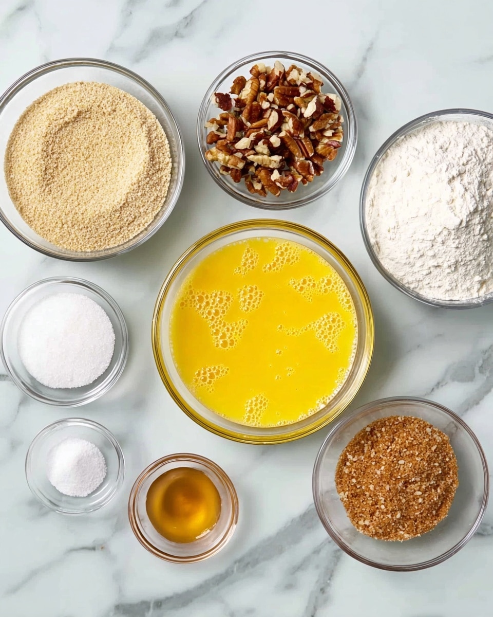 The image shows seven clear glass bowls placed on a white marbled surface. The largest bowl in the center holds a bright yellow beaten egg mixture with small bubbles on top. Surrounding it are bowls with chopped brown nuts, white granulated sugar, light brown sugar, white flour, a small bowl with a small amount of salt, and a small amount of light golden syrup. Each bowl is neatly arranged, showing distinct colors and textures of the ingredients. photo taken with an iphone --ar 4:5 --v 7