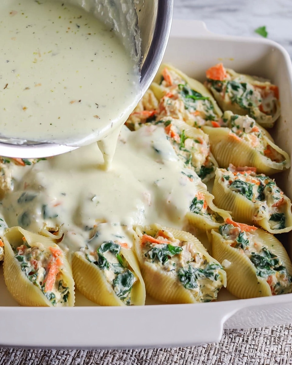 The image shows a white baking dish filled with stuffed pasta shells arranged closely together. Each shell is filled with a mix of cream-colored cheese, bright green spinach leaves, and small orange carrot pieces, creating a colorful and textured filling. A creamy white sauce is being poured from a stainless steel pot onto the shells, pooling around and slightly covering them. The dish sits on a white marbled surface with a textured cloth partially visible underneath. Photo taken with an iphone --ar 4:5 --v 7