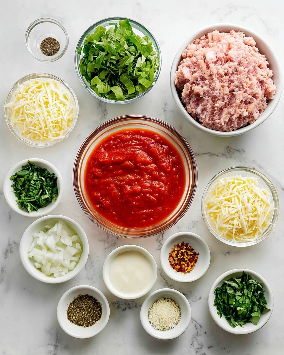 The image shows two sets of small white bowls and one bigger clear glass bowl on a white marbled surface, each filled with different ingredients. On the left side, nine bowls are arranged with chopped green leaves in a large bowl in the middle, ground light pink meat at the bottom right, shredded white and yellow cheese at the bottom left, and various seasonings like minced garlic, grated cheese, sesame seeds, black pepper, chopped onions, yellow melted butter, and small green leaves placed around them. On the right side, nine small white bowls surround a large clear glass bowl filled with bright red tomato sauce in the center; the smaller bowls contain white chopped onions, olive oil, dried herbs, chili flakes, chopped green herbs, chopped green leaves, minced garlic, cream, and tomato paste, all neatly organized. The whole scene is clean, fresh, and ready for cooking photo taken with an iphone --ar 4:5 --v 7