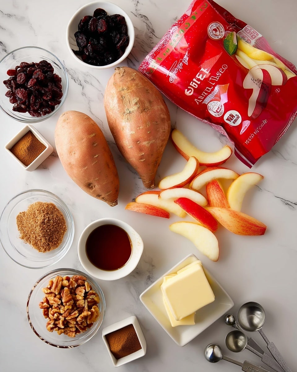 The image shows two whole sweet potatoes with light orange skin placed in the center on a white marbled surface. To their right, there is a red bag of sweet apple slices, with some apple slices in shades of red and pale yellow spilled out in front of the bag. Surrounding the sweet potatoes are small glass bowls and white square containers holding different ingredients: a bowl of chopped nuts with brown and cream pieces, a bowl of dark dried cranberries, a bowl with packed brown sugar, a small pat of butter, and two square containers with ground cinnamon and ground nutmeg, colored brown. There is also a white cup of dark amber syrup and a metal measuring spoon set with four spoons placed on the bottom right. Photo taken with an iphone --ar 4:5 --v 7