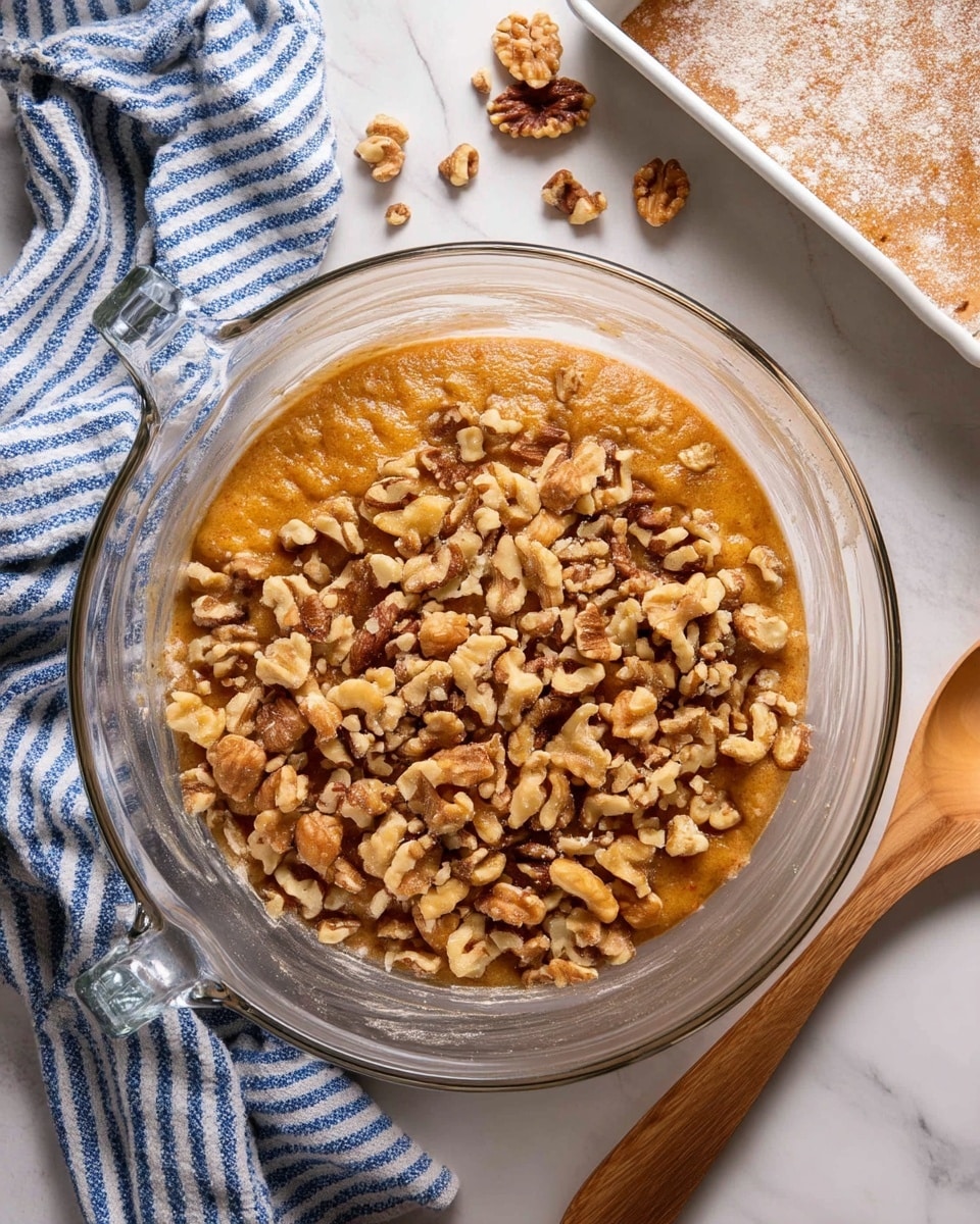 The image shows a clear glass mixing bowl placed on a white marbled surface, filled with a thick light brown batter topped with a large layer of chopped walnuts covering most of the surface. Next to the bowl, there is a wooden spoon lying flat on the table, a small wooden cutting board with a serrated knife on it, and a white rectangular baking pan with a dusting of flour or grease inside. A striped blue and white cloth is casually placed to the left. Photo taken with an iphone --ar 4:5 --v 7