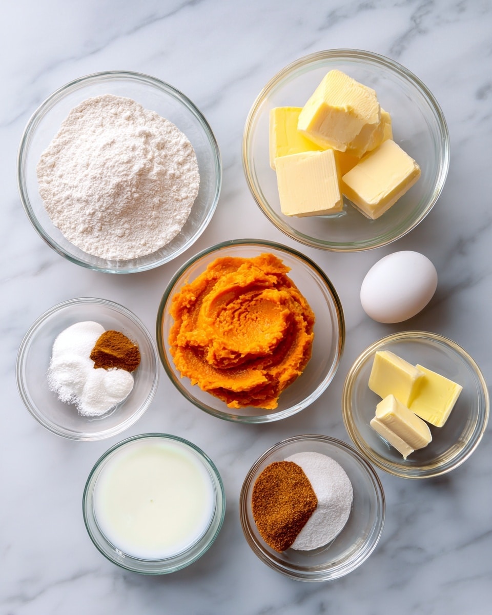 The image shows eight small clear glass bowls and one white egg on a white marbled surface. Each bowl contains a different ingredient: the top bowl is filled with white flour, the right bowl has bright orange mashed pumpkin, below it is a bowl with two light yellow butter blocks, at the bottom right is a bowl with light brown sugar, bottom left is a bowl with white milk, next to it is a bowl with white and brown powdery spices, and on the left side is a clear jug holding a light yellow liquid, likely oil. The white egg is placed between the spice bowl and butter bowl. The overall look is neat and organized, with each ingredient clearly visible. photo taken with an iphone --ar 4:5 --v 7