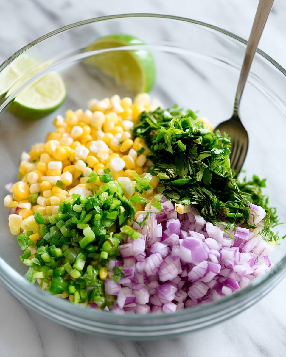 A clear glass bowl holds four visible layers of fresh ingredients: the bottom layer is pale yellow corn kernels, followed by a layer of finely chopped light purple-red onion, then a layer of small, chopped green peppers, and finally a layer of finely chopped dark green cilantro on top. A metal fork rests on the right side inside the bowl. In the background, to the left of the bowl, there is a halved lime partially squeezed, placed on a white marbled surface. photo taken with an iphone --ar 4:5 --v 7