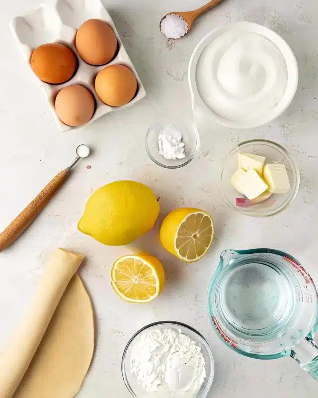 Lemon Meringue Pie Recipe 5 The image shows a flat lay of baking ingredients arranged neatly on a white marbled surface. On the left, there is a white egg carton with four brown eggs, and below it is a piece of rolled dough in a crescent shape. Centered are two lemons, one whole and one cut in half showing its inside. Nearby are two small glass bowls, one containing white powder and the other holding butter cubes. Above these, a larger white bowl is filled with granulated sugar with a small heart shape swirled on top. There is a clear glass measuring cup filled with water on the right side, and a wooden measuring spoon with salt is near the top left. photo taken with an iphone --ar 4:5 --v 7